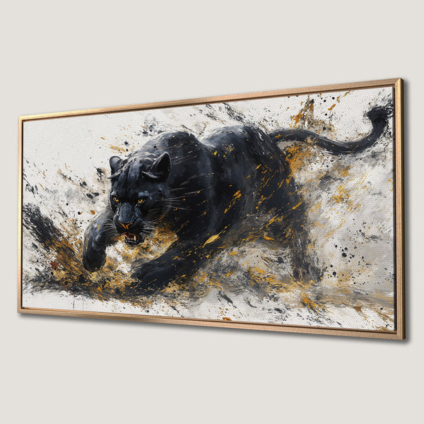 Framed Wall Art: Abstract black panther painting with gold & grey accents. Modern canvas print for home decor.