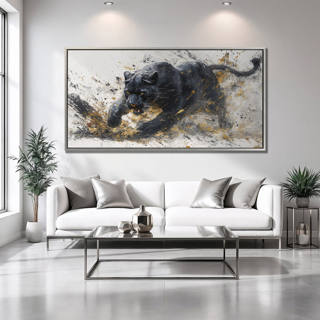 Framed Wall Art: Dynamic black panther painting with gold accents. Modern abstract style. Perfect for living room decor.