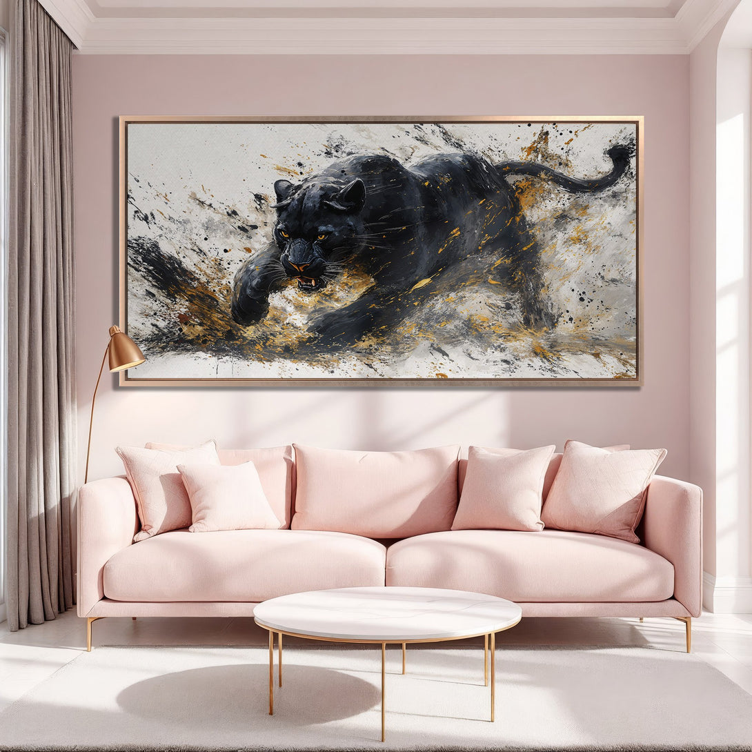 Framed Wall Art: Dynamic black panther painting with gold accents. Modern abstract style, perfect for living room decor. Adds a touch of luxury!