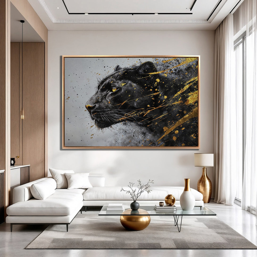 Framed Wall Art: Black panther portrait with gold accents. Modern, abstract style. Neutral color palette with black, gold, and gray. Perfect for living room decor.