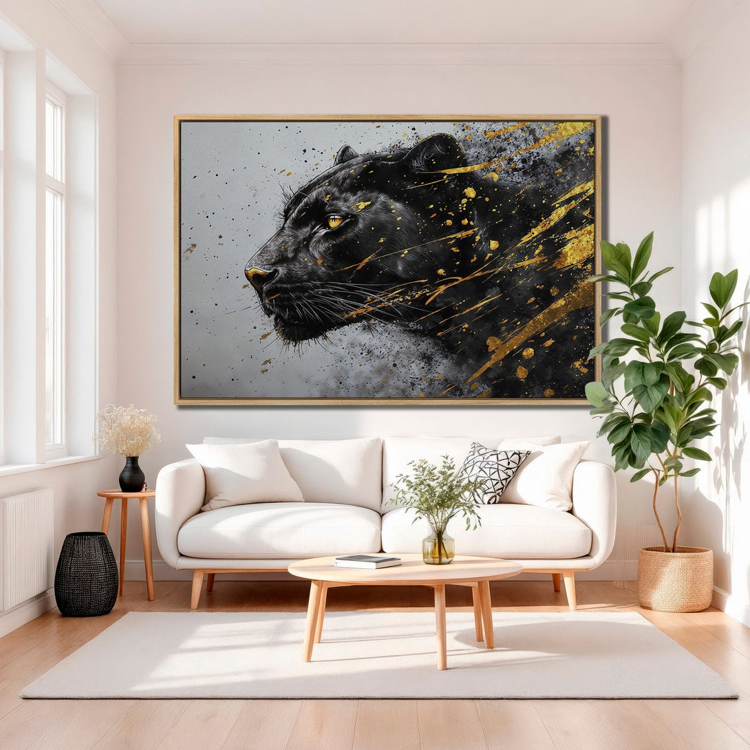 Framed Wall Art featuring a striking black panther portrait with gold accents. Modern, abstract style, perfect for adding a touch of luxury to your home.