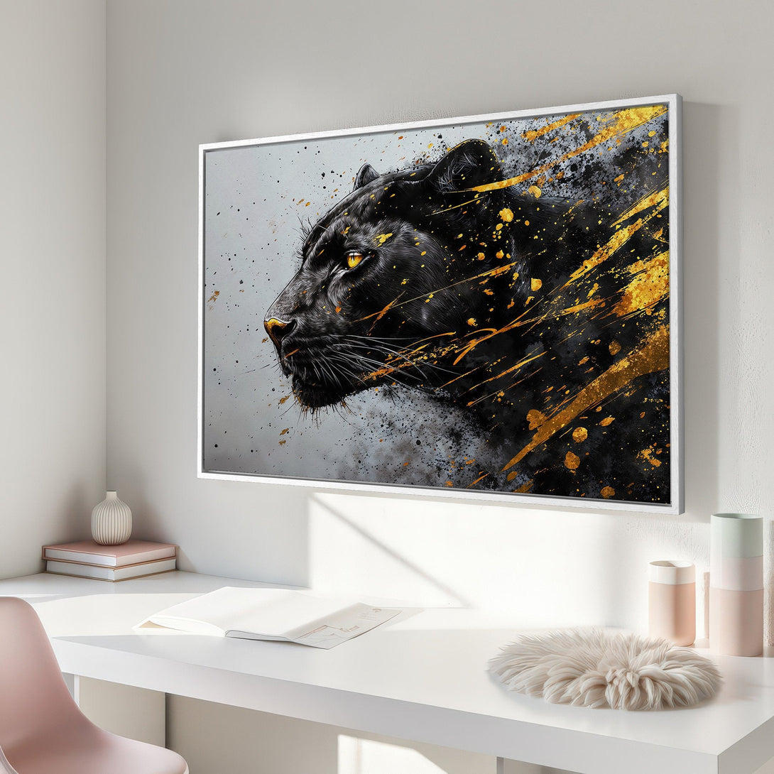Framed Wall Art: Black panther art print with gold accents. Modern abstract style, featuring a dramatic black, gold, and gray color palette. Perfect for home decor.