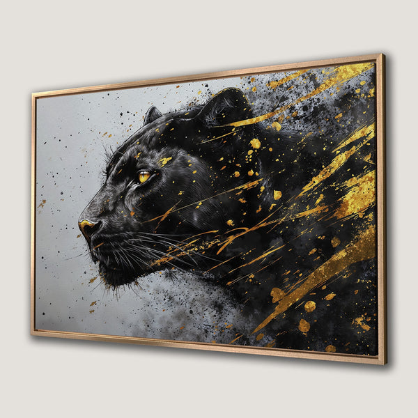 Framed Wall Art: Abstract black panther portrait with gold accents on a canvas print. Modern art with a striking black, gold, and grey color palette.