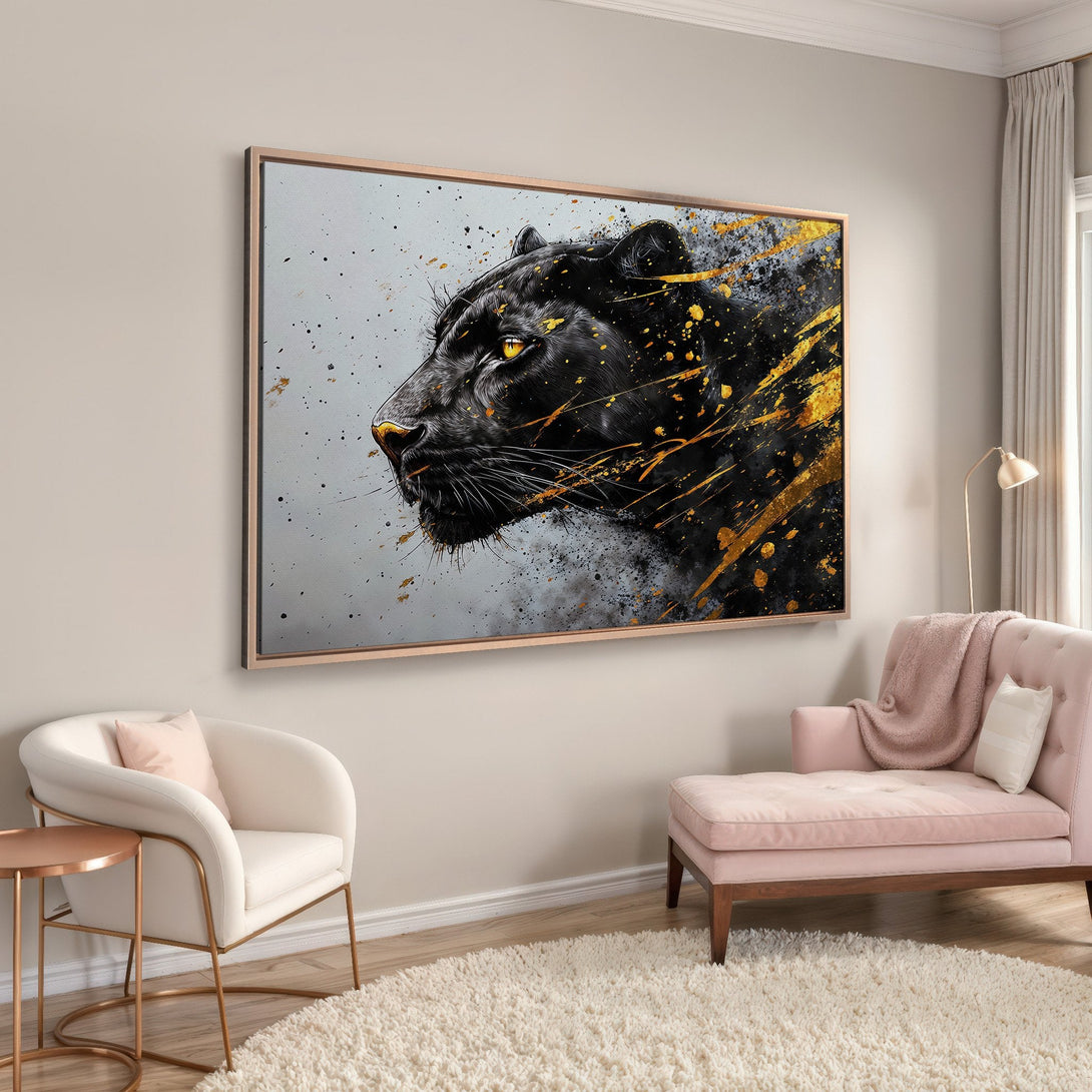 Framed Wall Art: Black panther portrait with gold accents. Modern abstract style, neutral & gold color palette. Perfect for living room decor.
