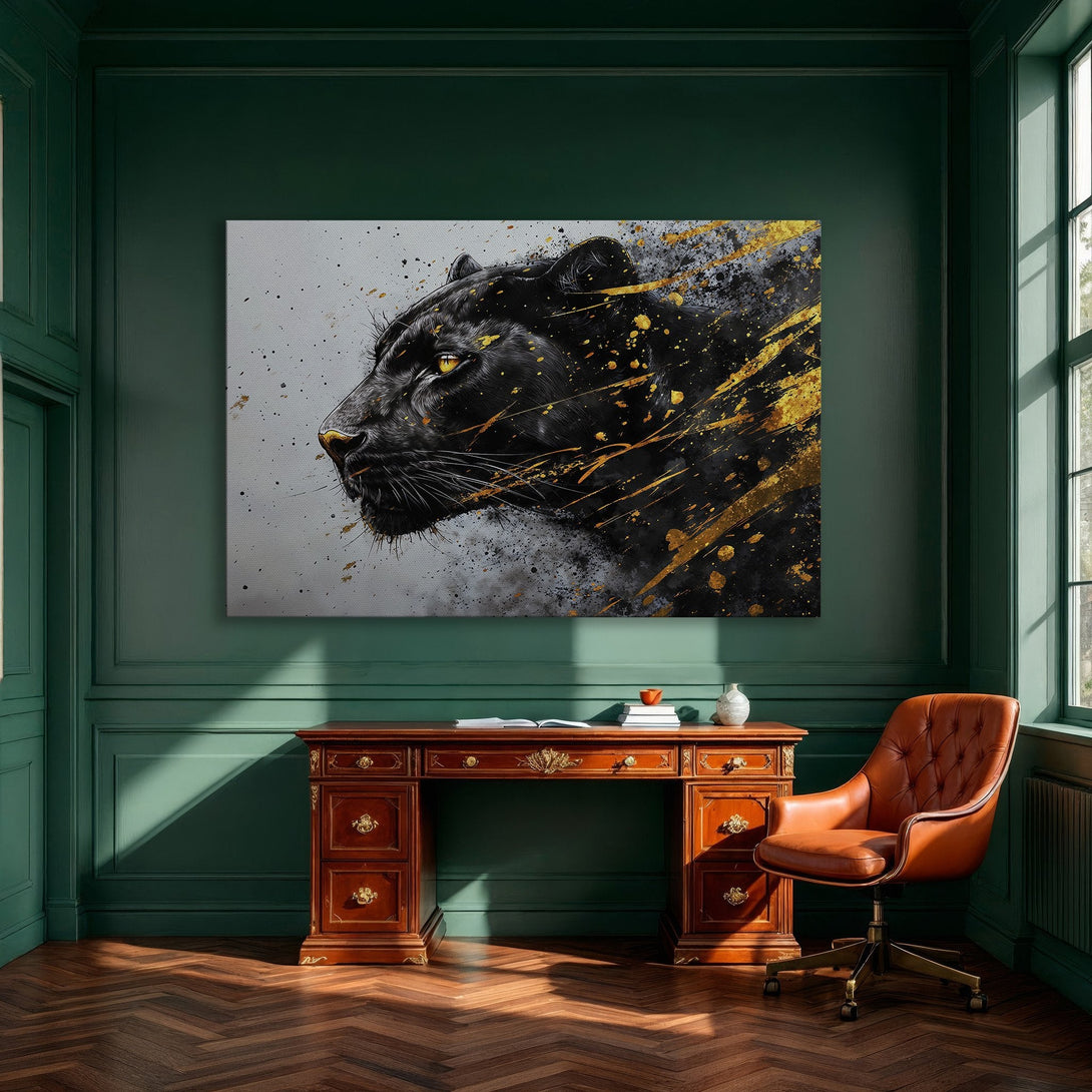 Framed Wall Art: Black panther art print with gold accents, modern style. Dramatic black, gold, and gray color palette. Perfect for home decor.