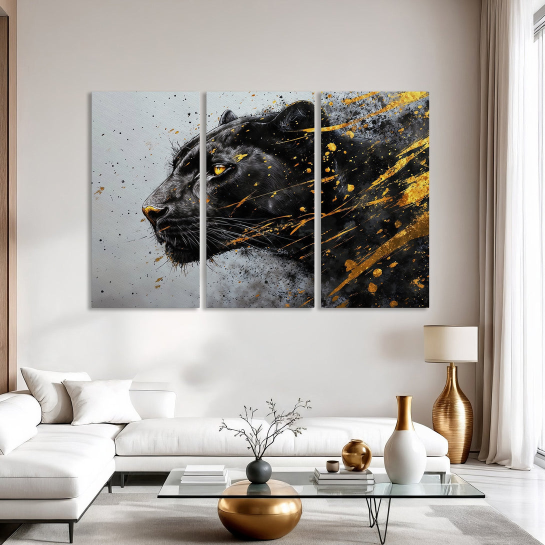 Canvas Print: Abstract black panther art with gold accents. Modern wall decor in a minimalist interior. Black, gold, and white color palette.