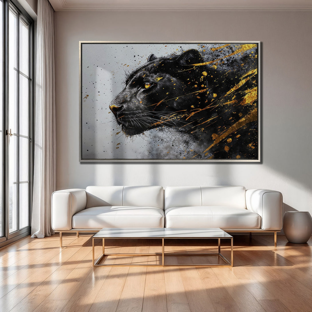 Framed Wall Art of a black panther with gold accents. Modern art canvas print with a bold black, gold, and gray color palette.