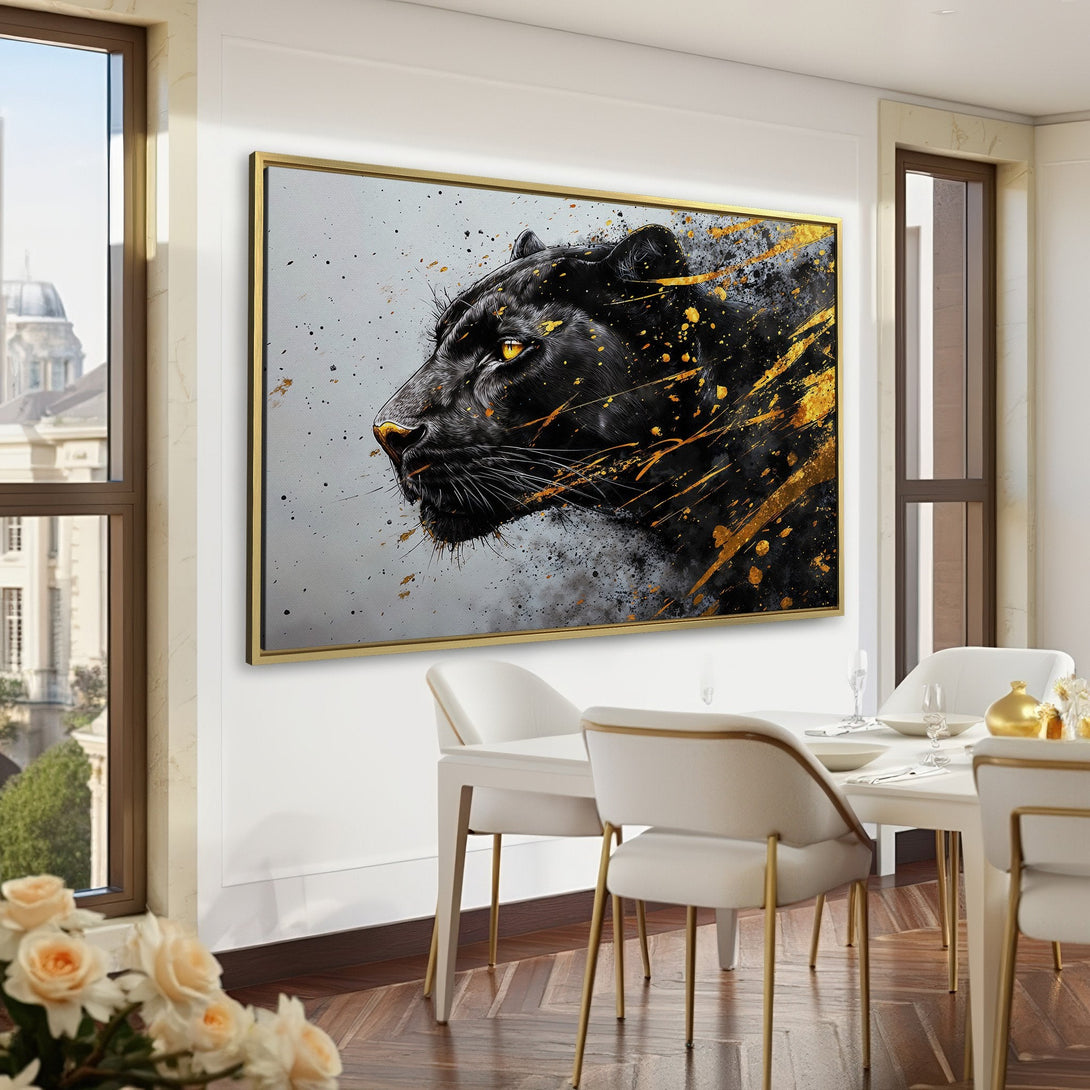 Canvas Print of a black panther with gold accents, modern art style. Dramatic black, gold, and gray color palette. Perfect wall art.