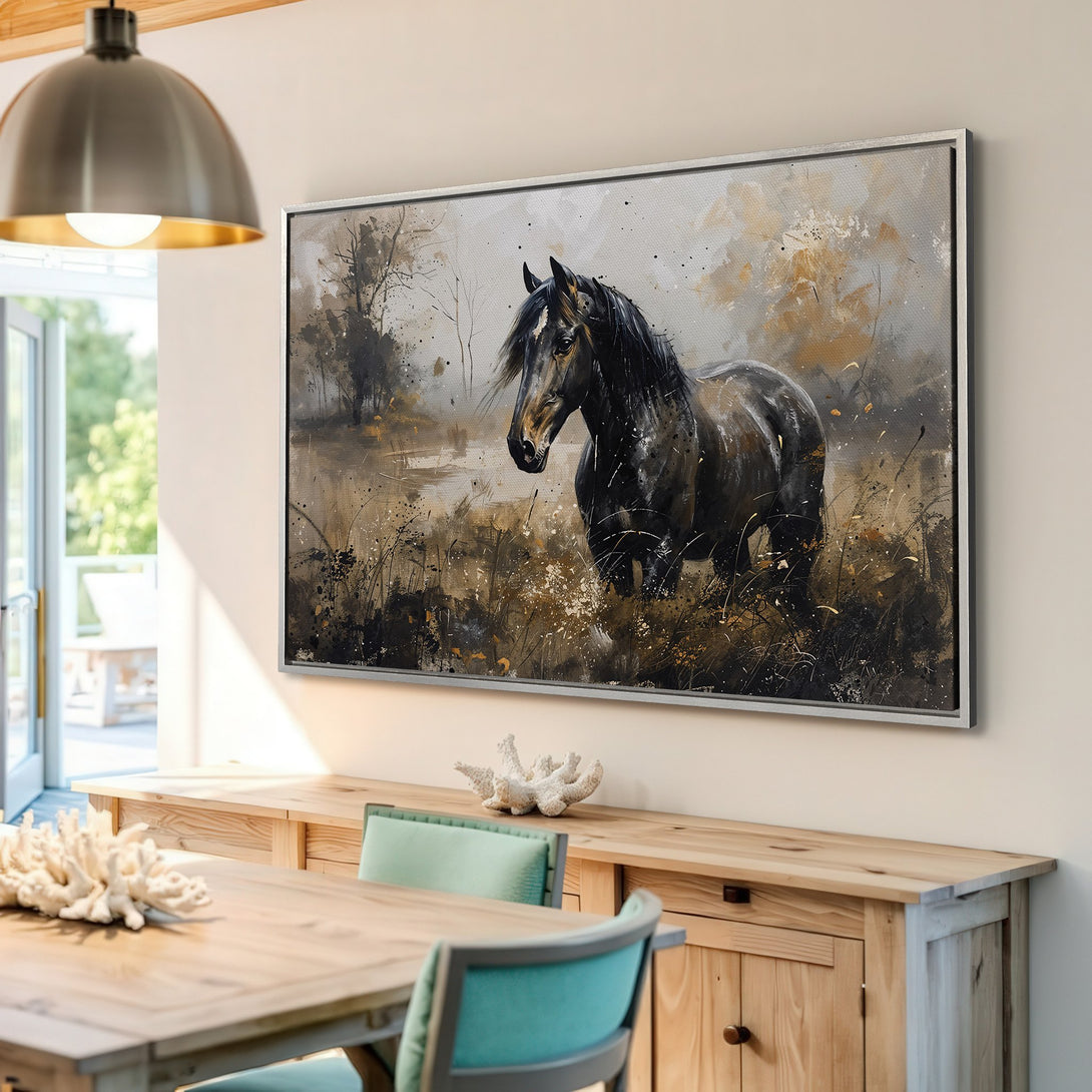 Framed Wall Art featuring a majestic black horse in a field. Abstract style with a warm, neutral color palette. Perfect for home decor!
