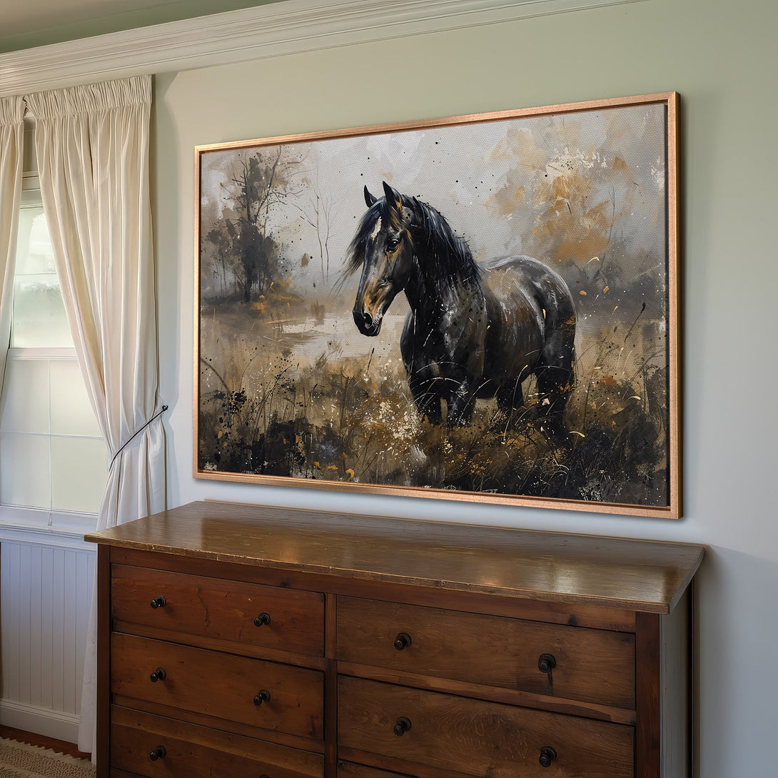 Framed Wall Art: Stunning horse painting in neutral tones. Modern canvas print adds elegance to any decor. Shop now for beautiful wall art!