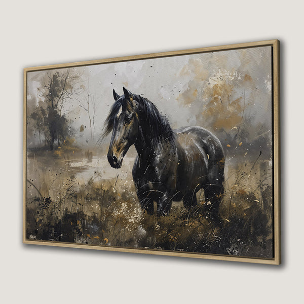 Framed Wall Art: Majestic black horse canvas print. Abstract style with earthy tones of brown, gold, and gray. Perfect for rustic decor.
