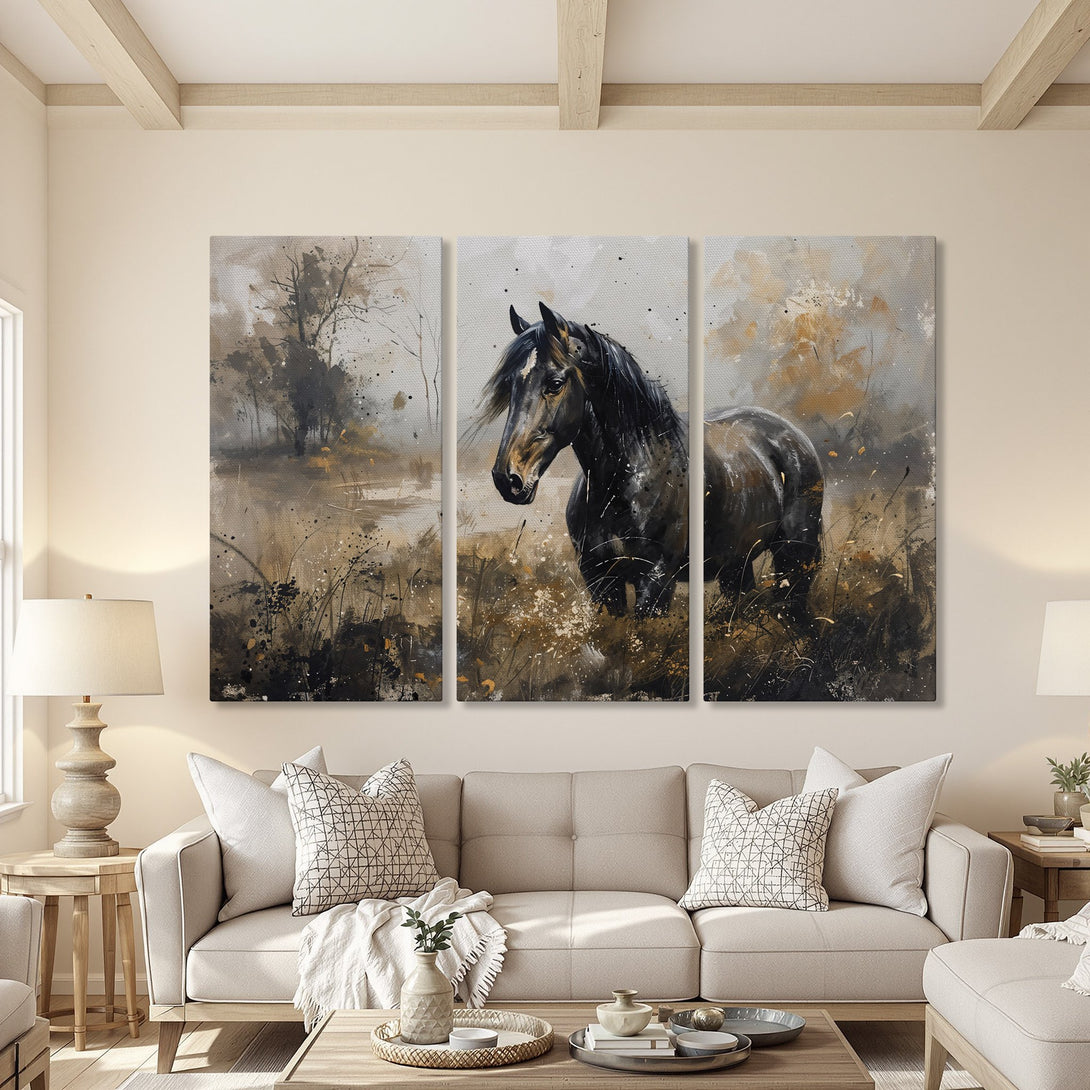 Canvas Print of a majestic horse in a watercolor style, featuring a neutral color palette with brown, black, and gold tones. Perfect wall art!