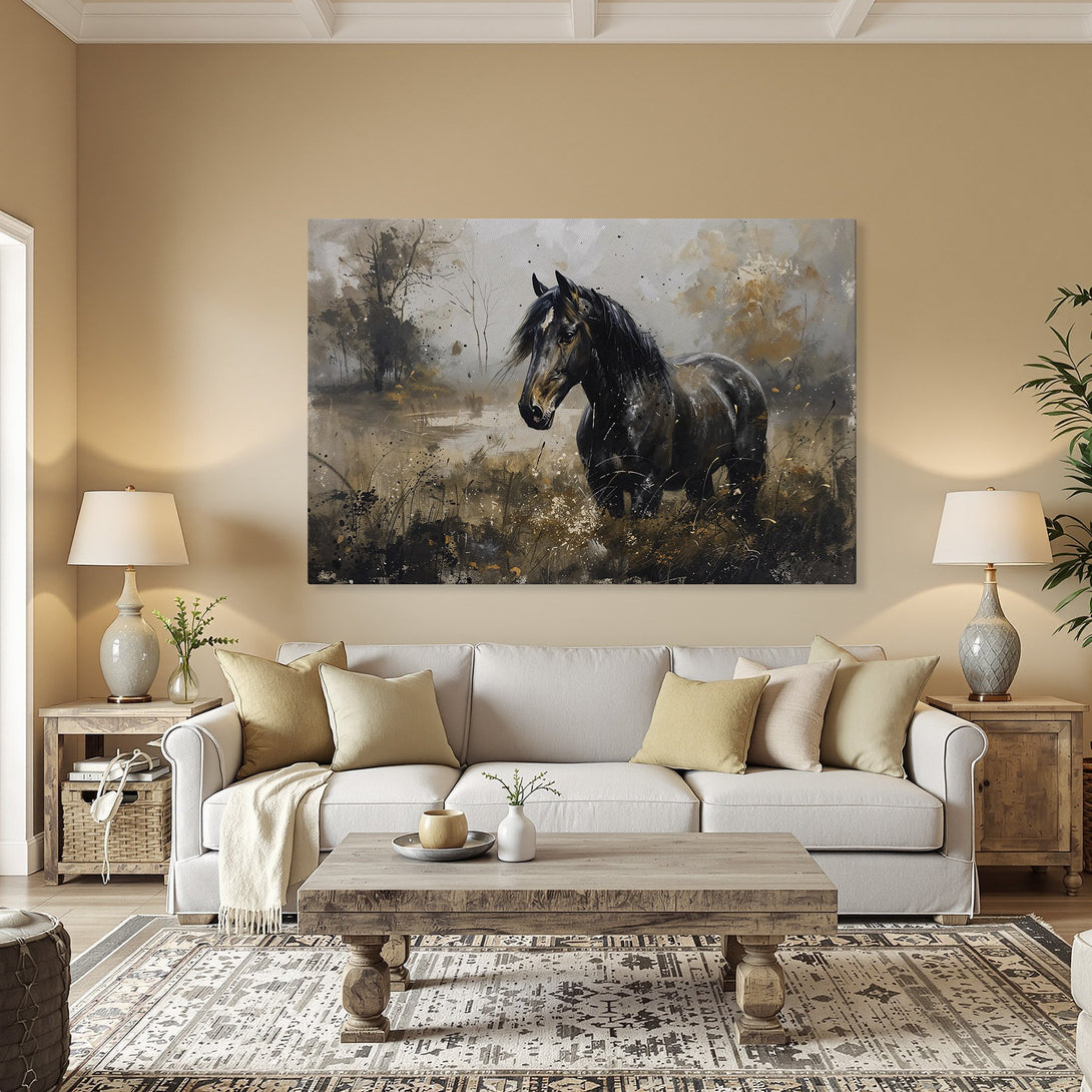 Framed Wall Art: Majestic horse painting in neutral tones. Elevate your space with this stunning canvas print featuring a black horse in a serene landscape.