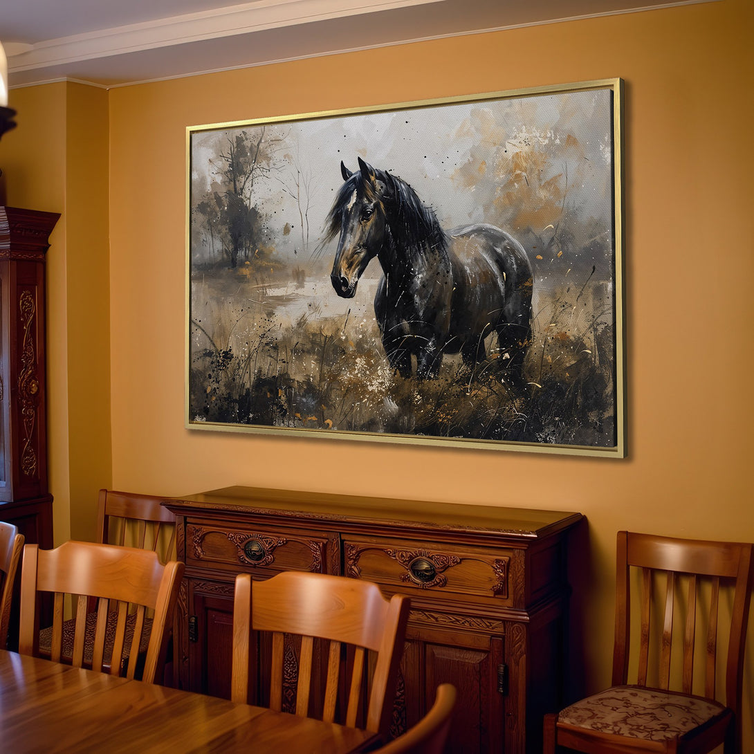 Canvas Print of a majestic black horse in a watercolor style, earthy tones, perfect for rustic home decor.