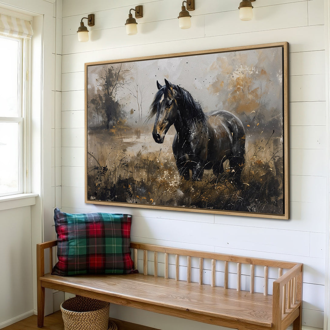 Framed Wall Art: Stunning black horse painting in a rustic style with a neutral, earthy color palette. Perfect for adding a touch of elegance to any room.