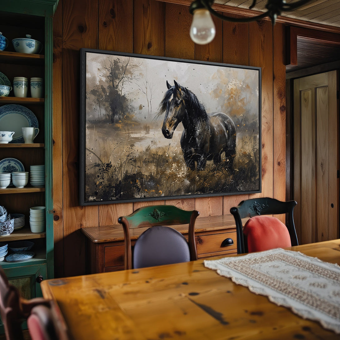 Framed Wall Art: Majestic horse painting in a rustic interior. Neutral color palette with black, brown, and gold tones. Perfect for farmhouse decor.