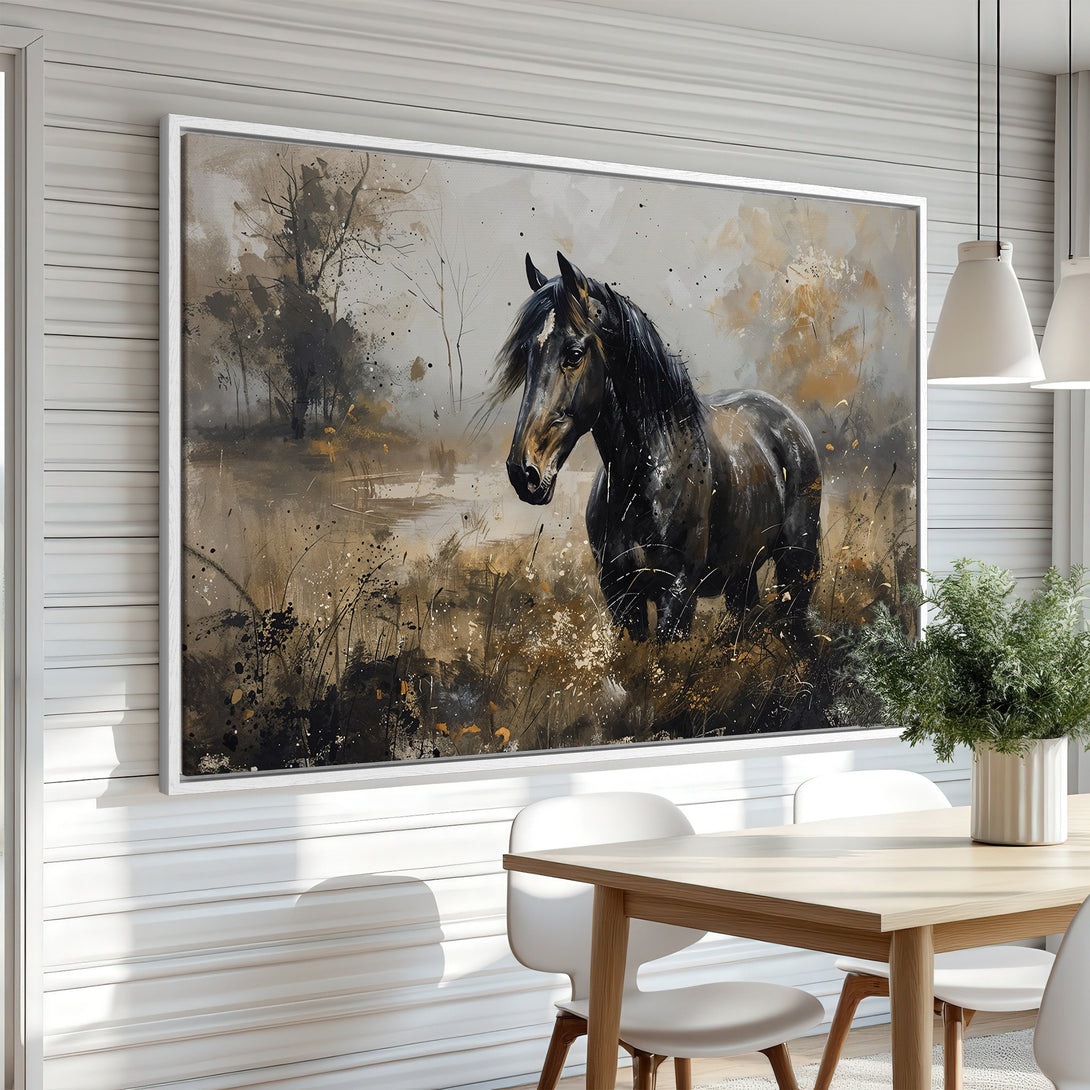 Framed Wall Art: Stunning horse painting in neutral tones. Modern art canvas print, perfect for living room or dining room decor. Add elegance to your space!