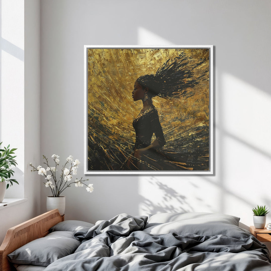 Framed Wall Art featuring an elegant woman in a gold and black abstract style. Perfect for bedroom decor. Enhance your space with this stunning piece!