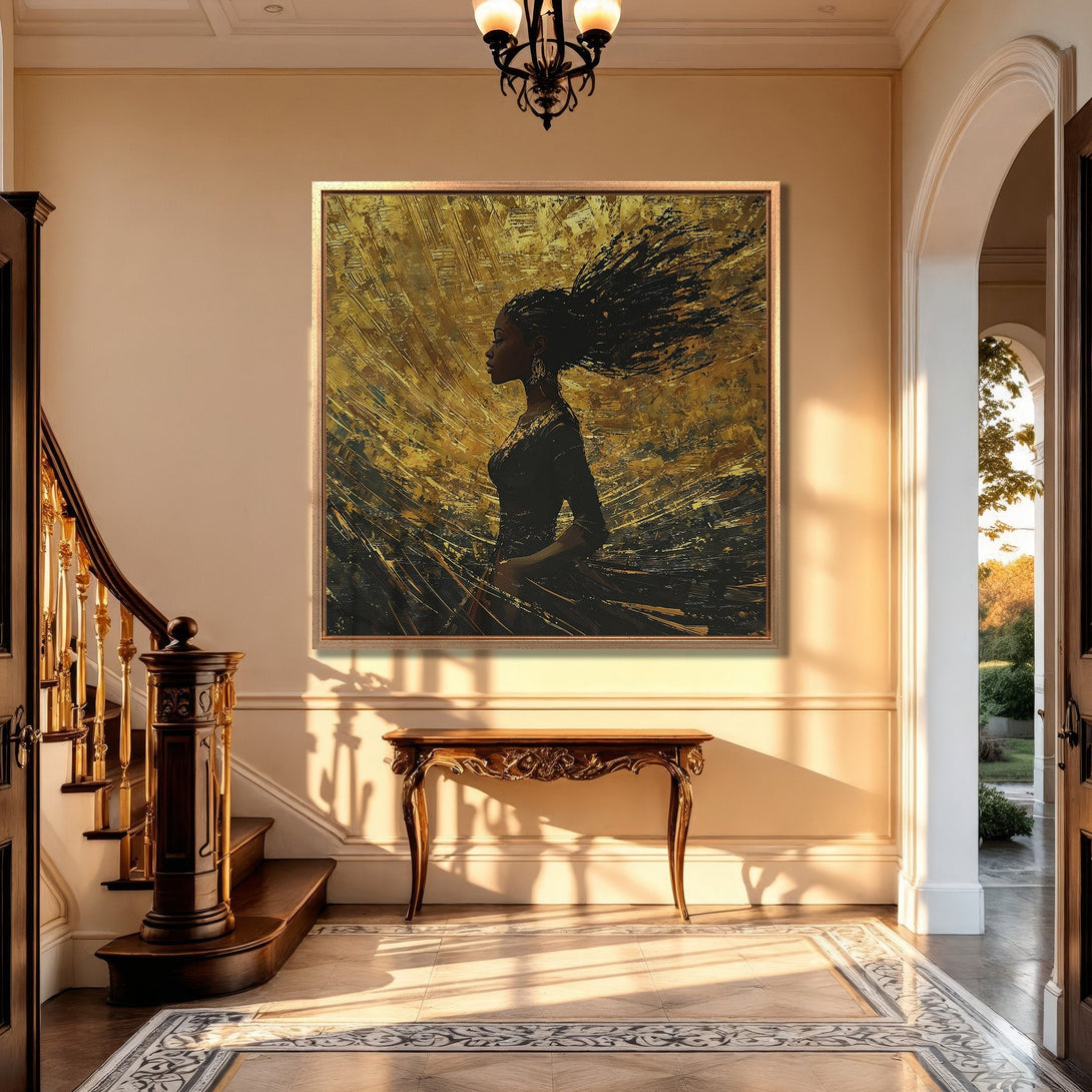Framed Wall Art: Abstract portrait of a woman, gold and black color palette. Adds elegance to any interior. Shop now for stunning wall decor!