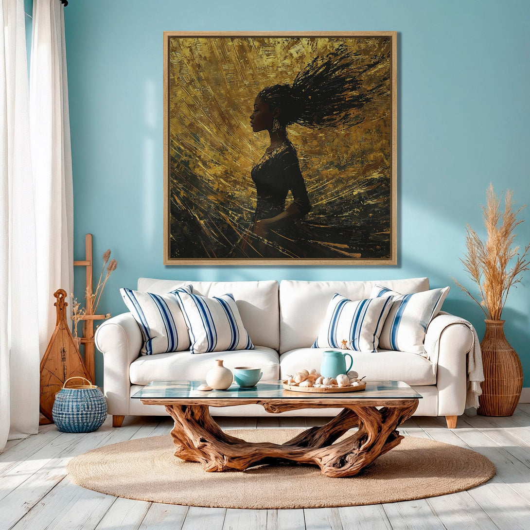 Framed Wall Art featuring a woman in black against a gold abstract background. Modern, elegant style with a gold and black color palette. Perfect home decor.