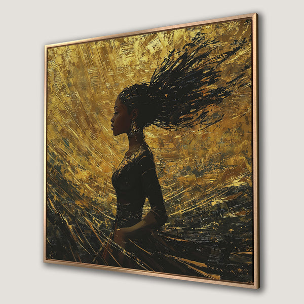 Framed Wall Art featuring an elegant woman in a black dress against a gold abstract background. Modern art with a warm, rich color palette.