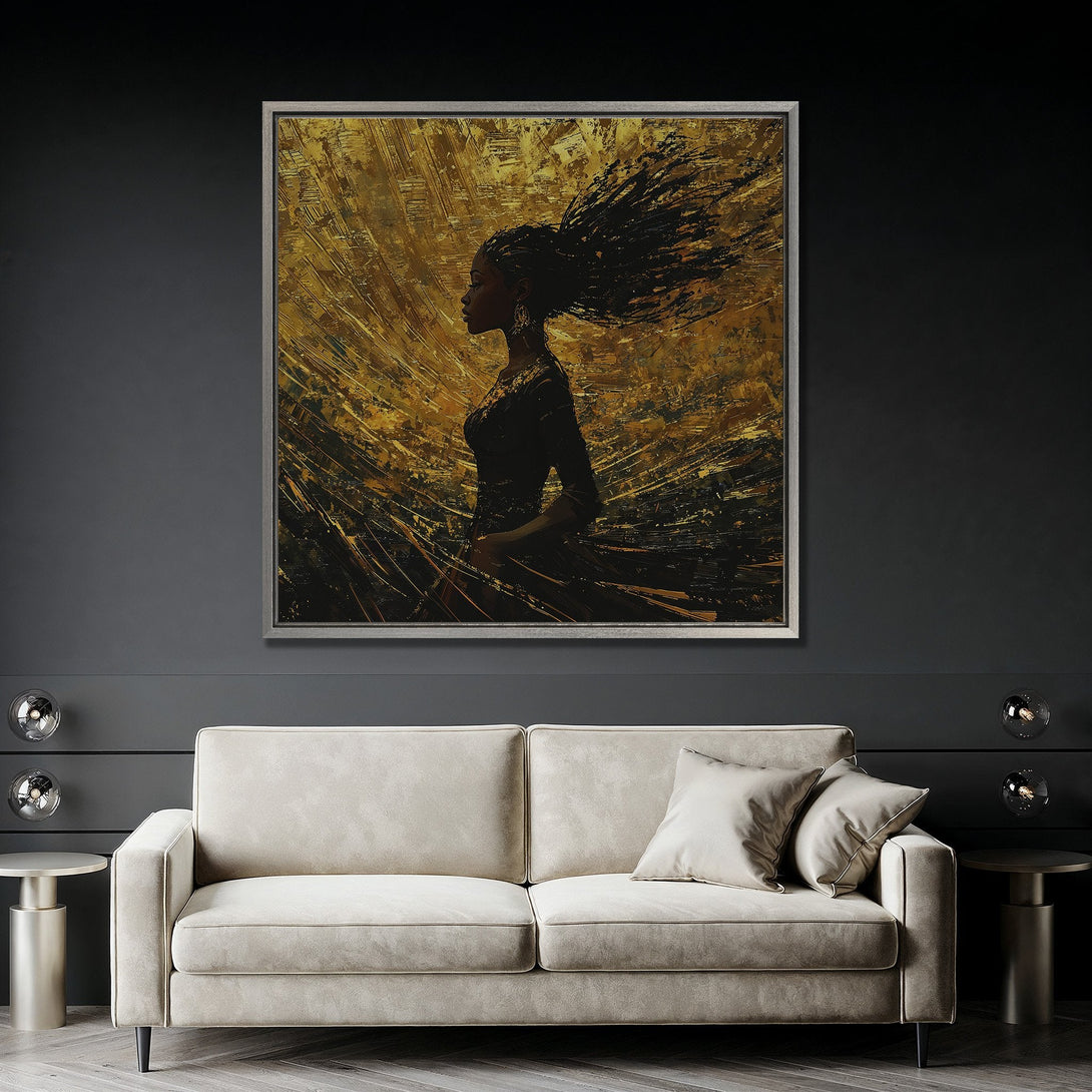 Framed Wall Art: Abstract portrait of a woman in gold and black. Modern art canvas print adds elegance and style to any room.