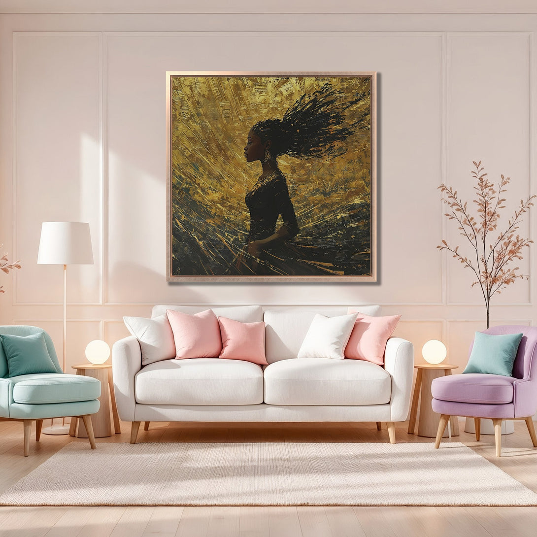 Framed Wall Art: Abstract portrait of a woman in gold and black, displayed in a modern living room with pastel colors. Enhance your home decor!