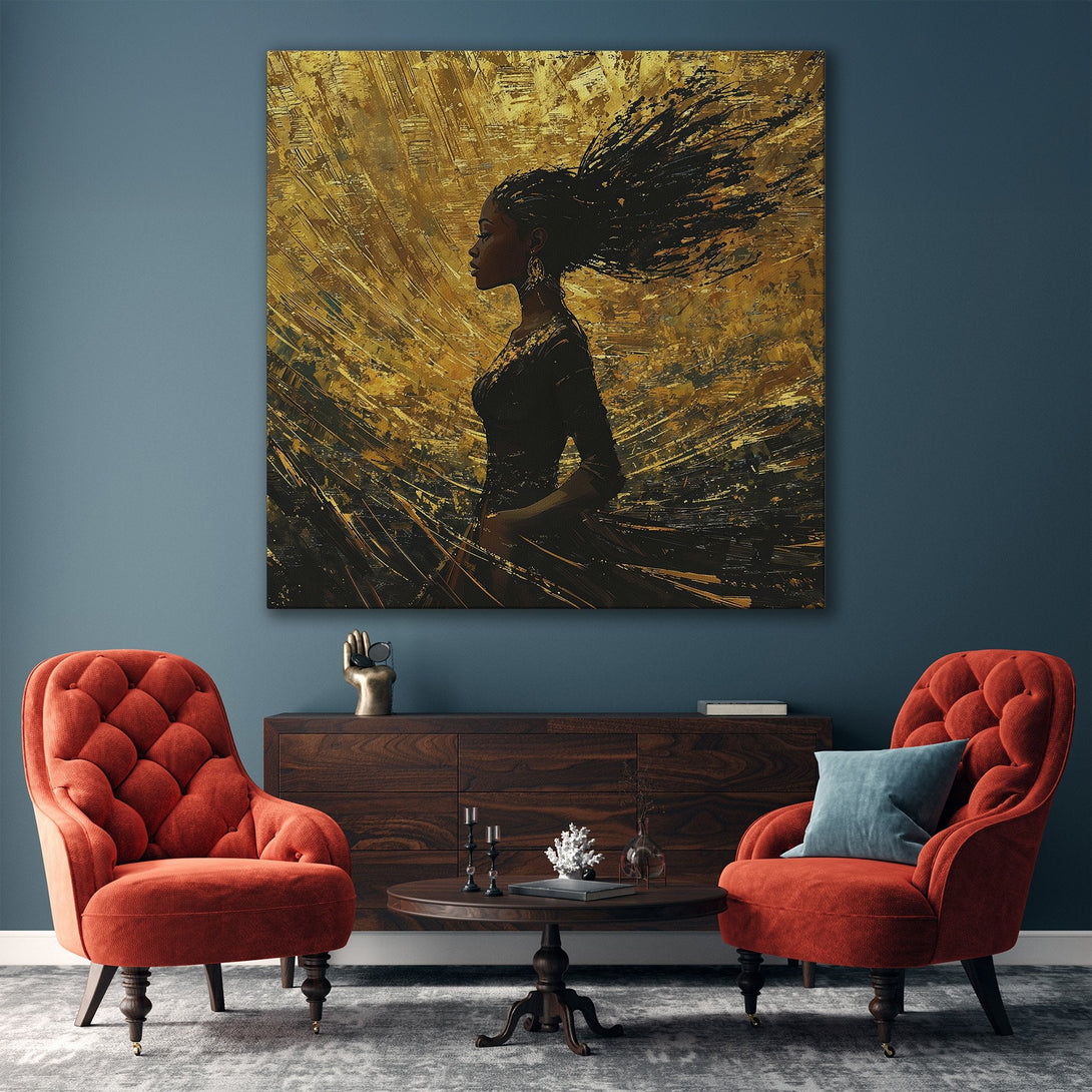 Framed Wall Art: Elegant woman portrait in gold and black abstract style. Stunning Canvas Print adds a touch of luxury to any interior.