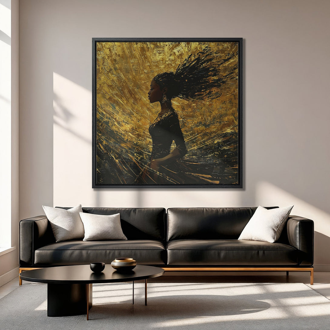 Framed Wall Art: Abstract portrait of a woman in gold and black. Modern canvas print for living room decor. Gold and black color palette.