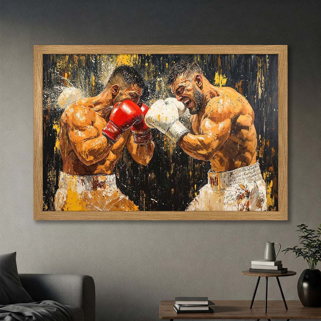 Framed Poster of two boxers in action, expressive abstract style, with a warm, earthy color palette. Perfect for home decor.