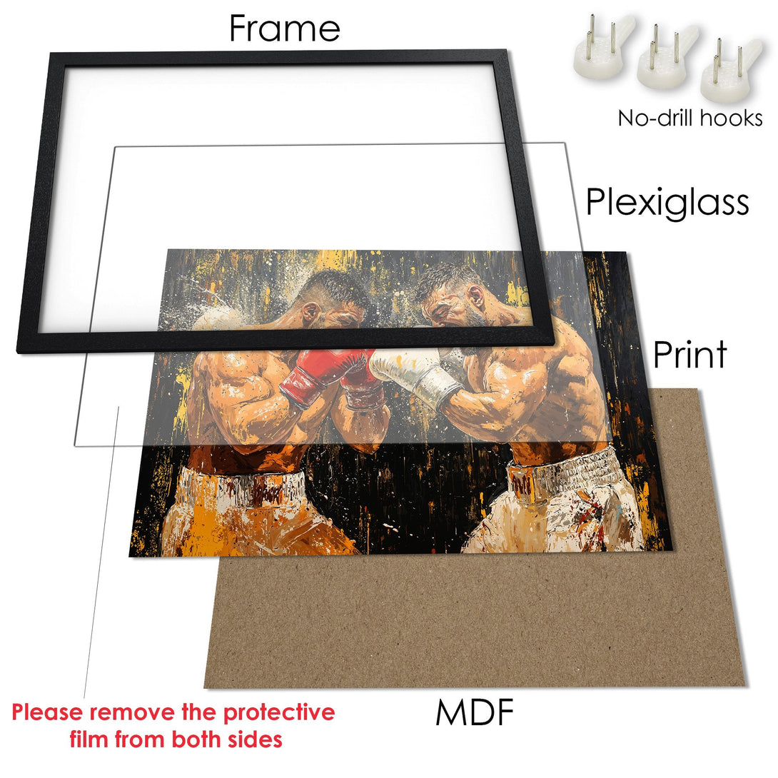 Framed Poster of boxers in action, abstract style with a warm, earthy color palette. Ready to hang art.