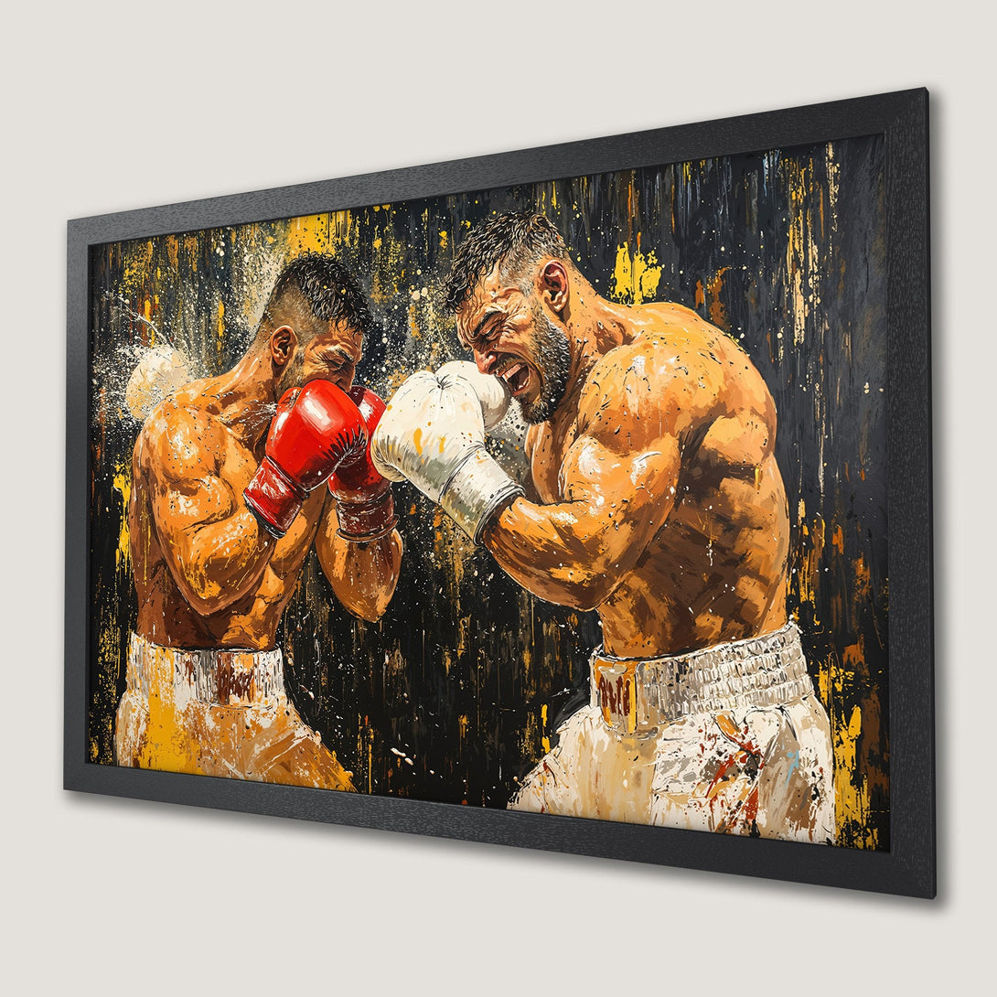 Framed Poster featuring a dynamic boxing match. Bold, expressive style with a warm, earthy palette of browns, yellows, and blacks. Add this art to your space!