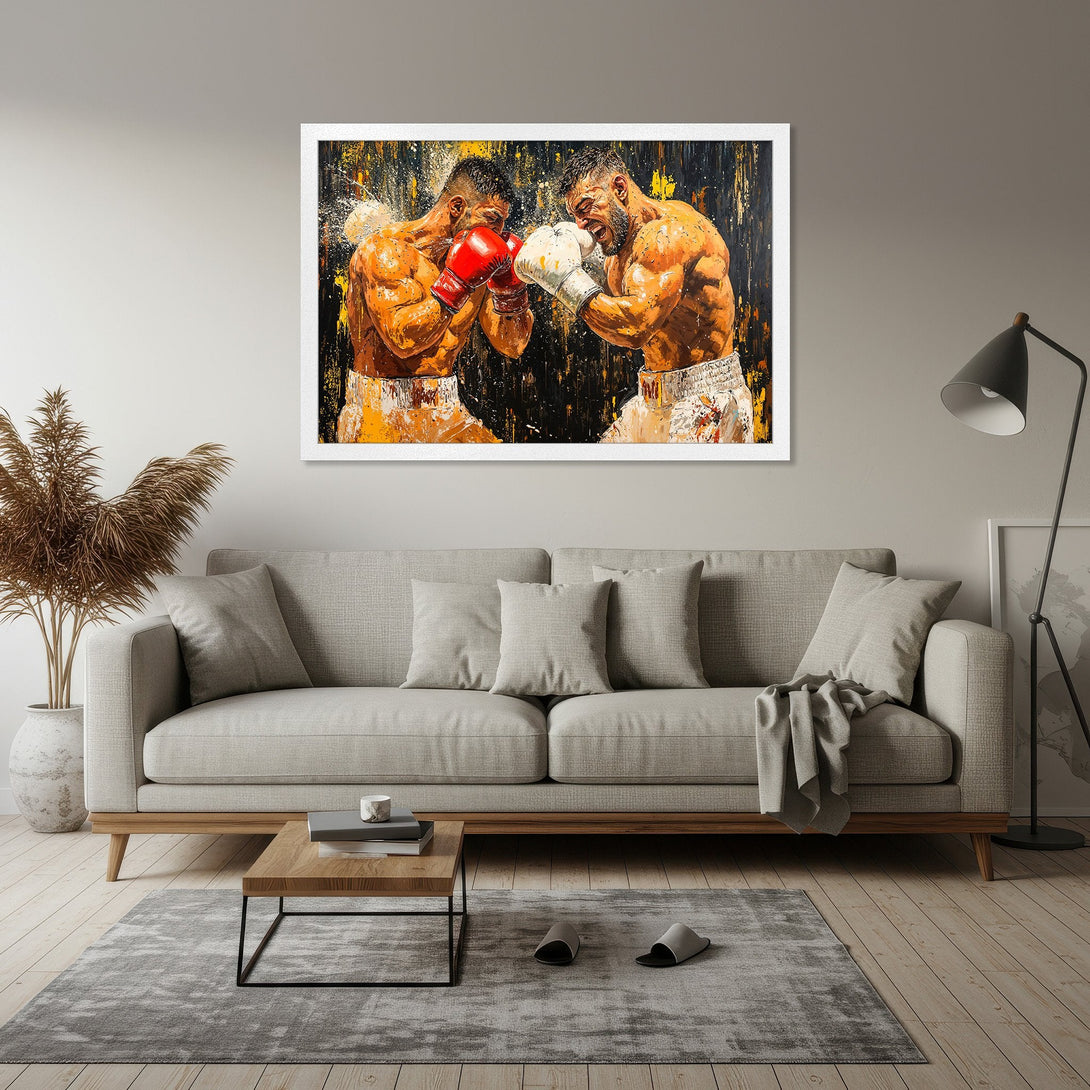 Framed Poster of boxing match in abstract style, featuring orange, black, and white colors. Perfect art for your home!