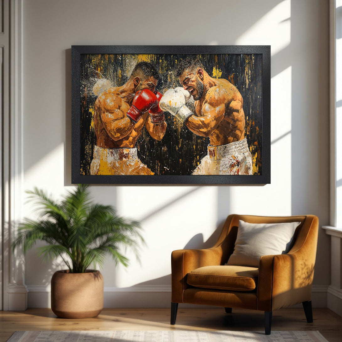 Framed Poster: Boxing match art in bold, expressive style with warm, earthy tones. Perfect wall decor for your home!