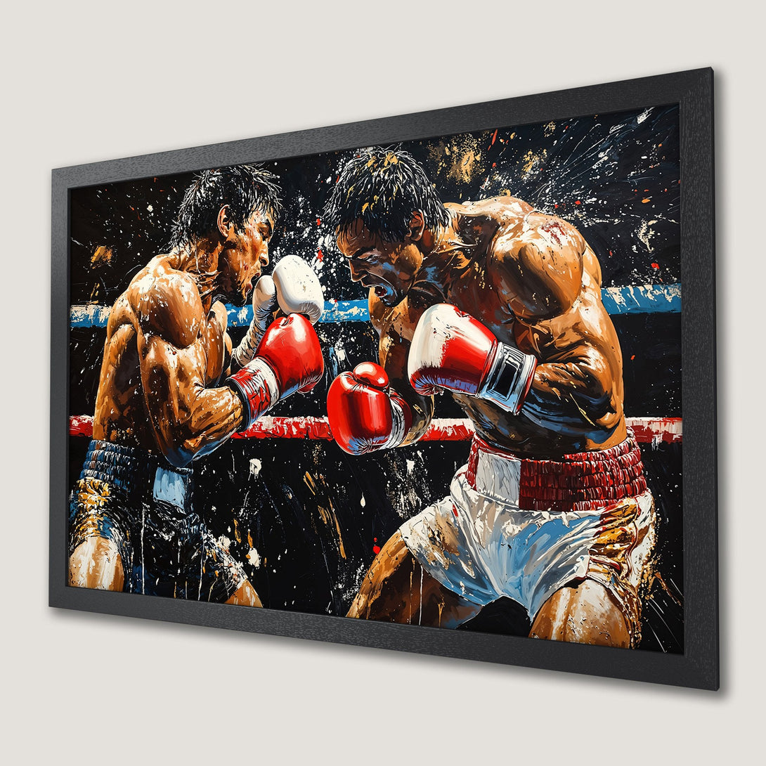 Framed Poster of boxers in action, dynamic painting style with a bold, dark color palette. Perfect for sports fans!