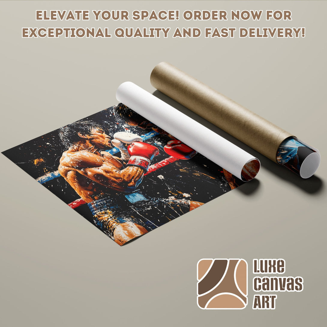 Boxing Poster Roll, vibrant art print with a dark, orange, and blue color palette. Order now!