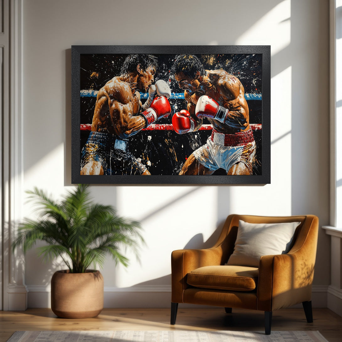 Framed Poster of a boxing match in a vibrant, expressive style with a warm color palette. Perfect for sports fans!