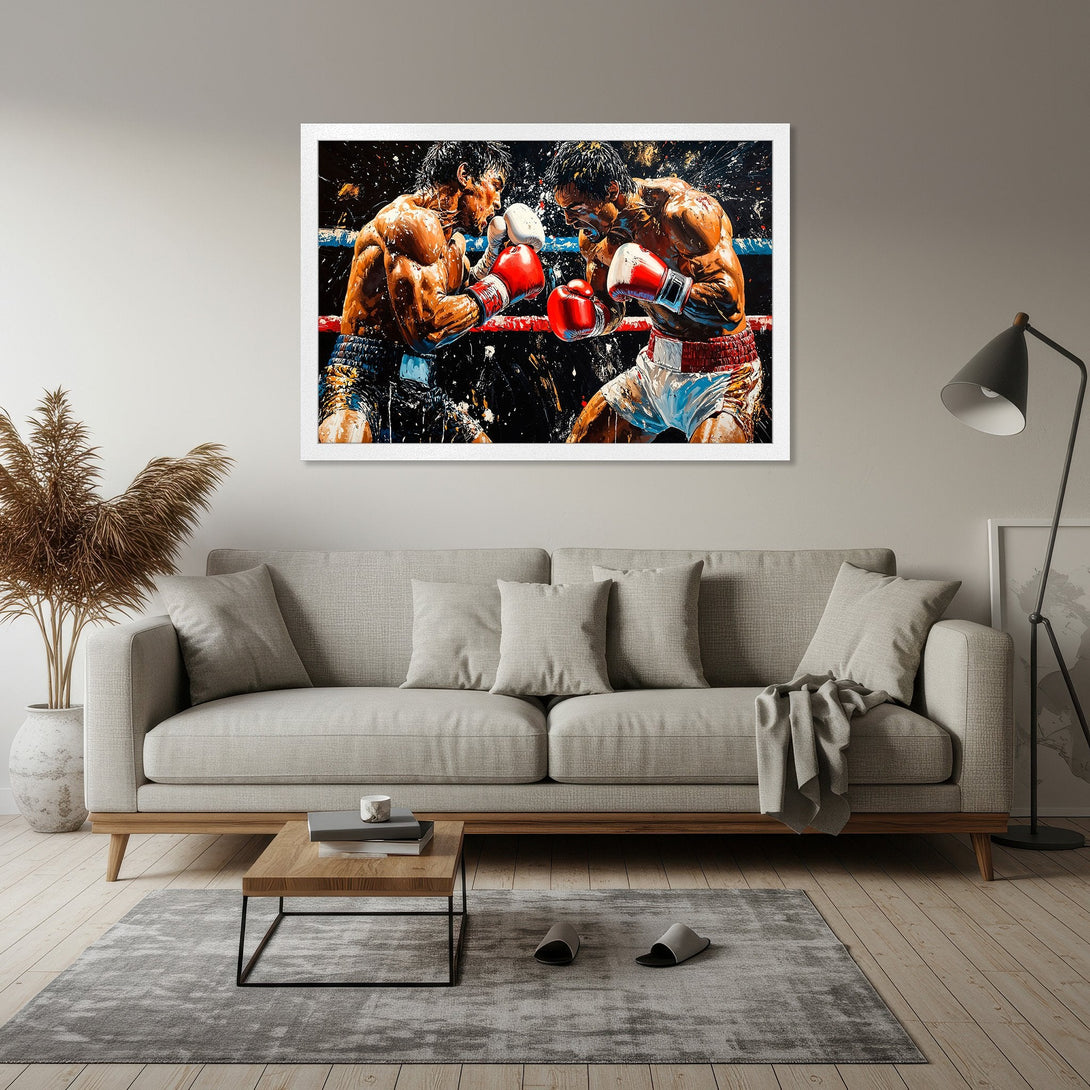 Framed Poster of a boxing match in an expressive style. Features orange, red, and black colors. Perfect wall art for your home!