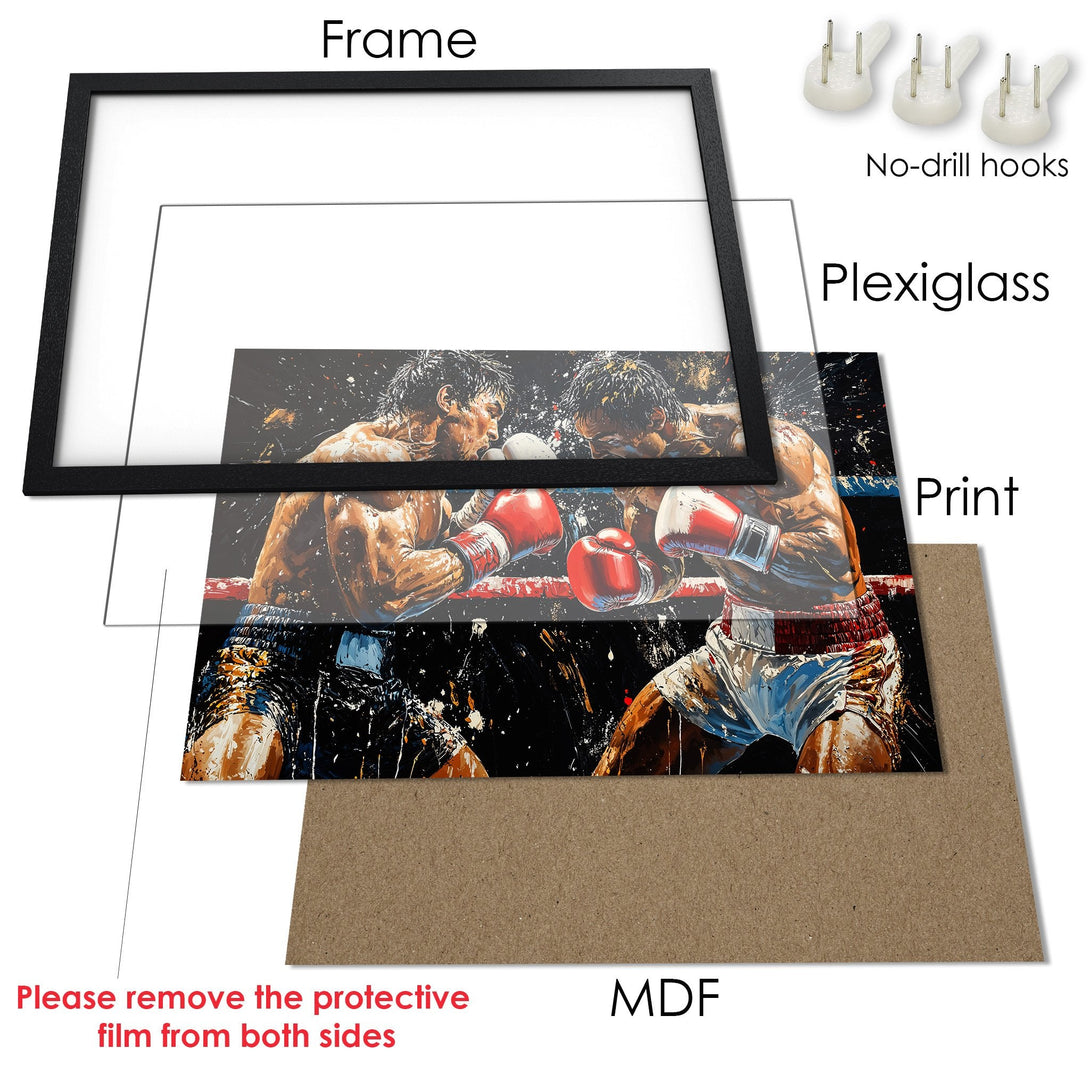Framed Poster featuring a boxing match in an expressive style with a dark, vibrant color palette. Perfect wall art!