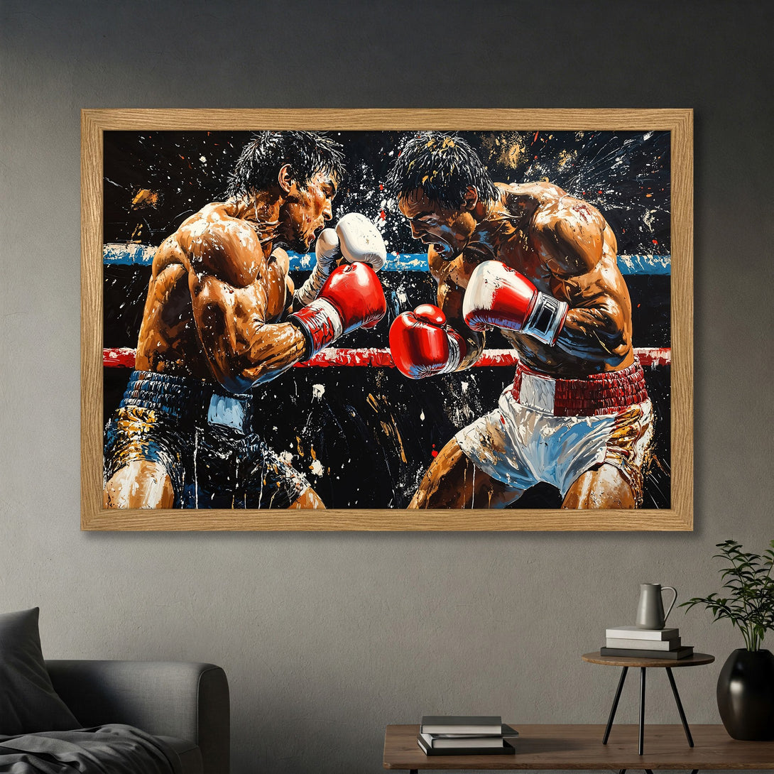 Framed Poster of a boxing match in a dynamic, expressive style. Bold colors of red, black, and brown create a powerful visual impact.