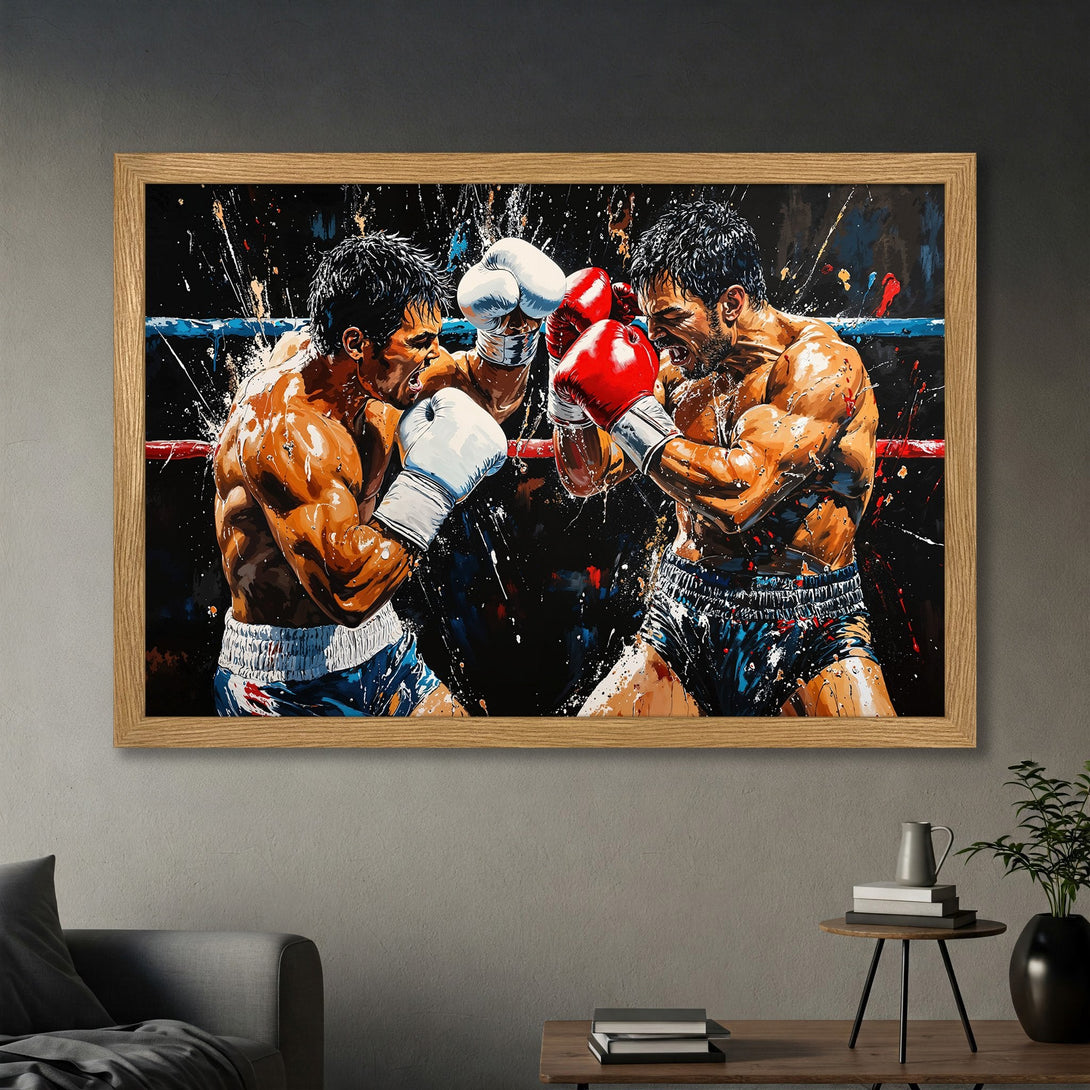 Framed Poster featuring a dynamic boxing match. Bold, modern art style with a dark, dramatic color palette, perfect for any sports enthusiast.
