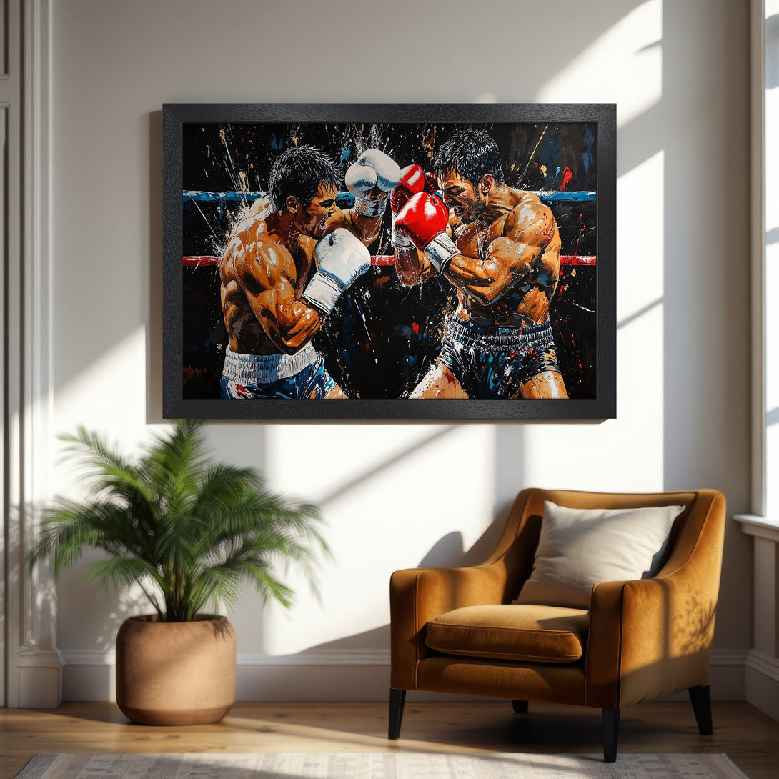 Framed Poster featuring a dynamic boxing match in a vibrant, abstract style with a warm, earthy color palette. Perfect for sports fans!