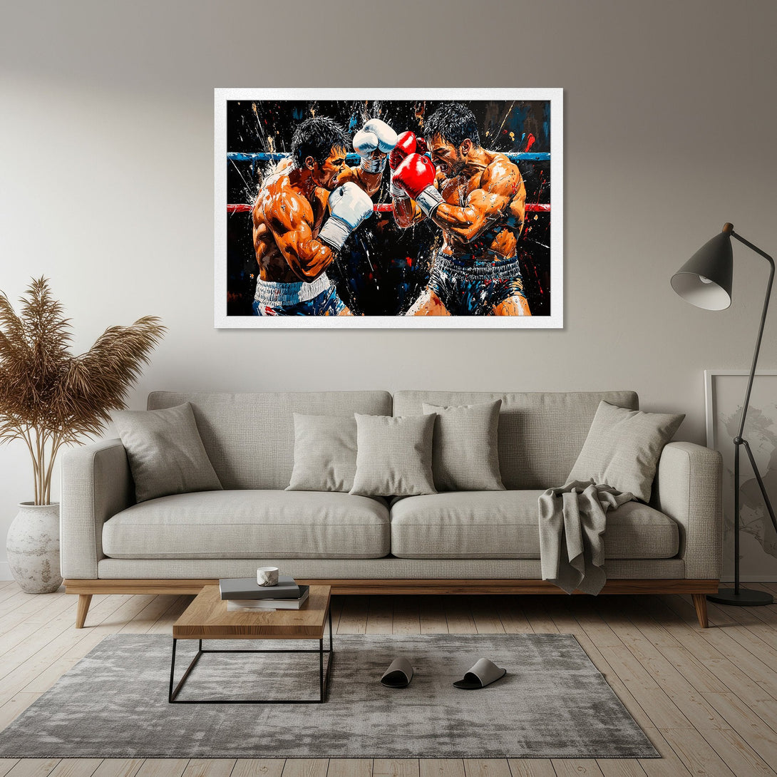 Framed Poster featuring a dynamic boxing match in a vibrant, abstract style with a warm color palette. Perfect wall art for any space!
