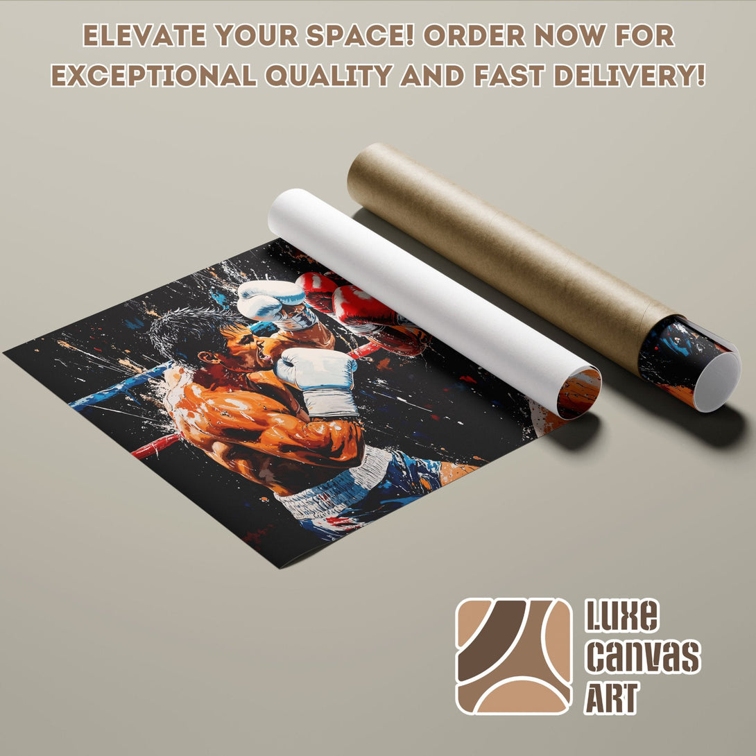 Poster Roll of a Boxer in action, vibrant colors, abstract style.