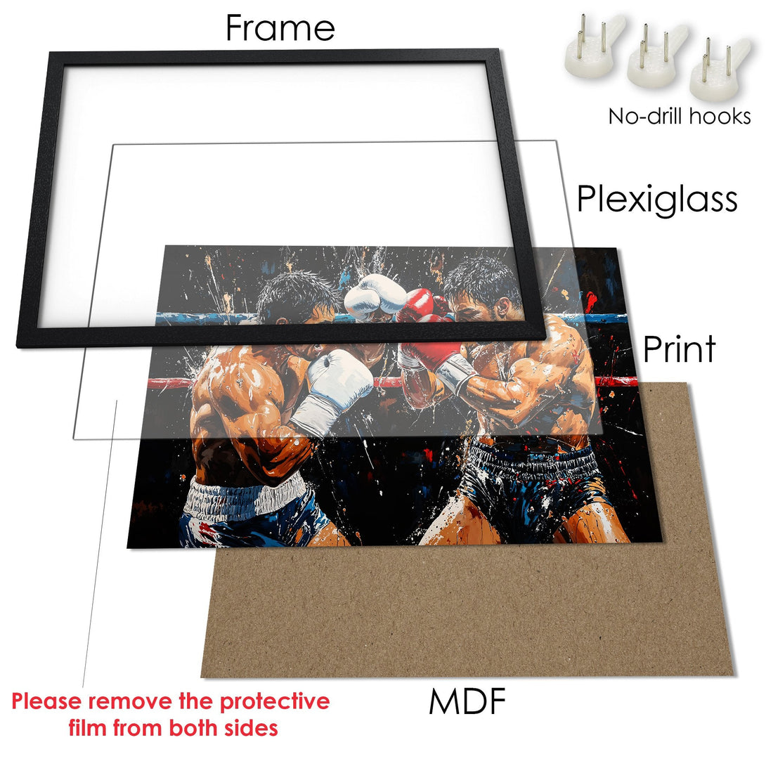 Framed Poster featuring a dynamic boxing match in a vibrant, abstract style with a dark, colorful palette. Ready to hang!