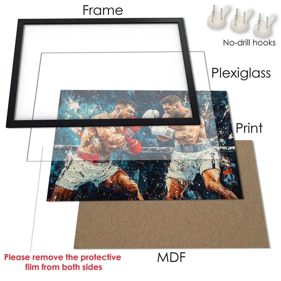Framed Poster featuring a dynamic boxing match in a vibrant, artistic style with a blue and orange color palette. Ready to hang!
