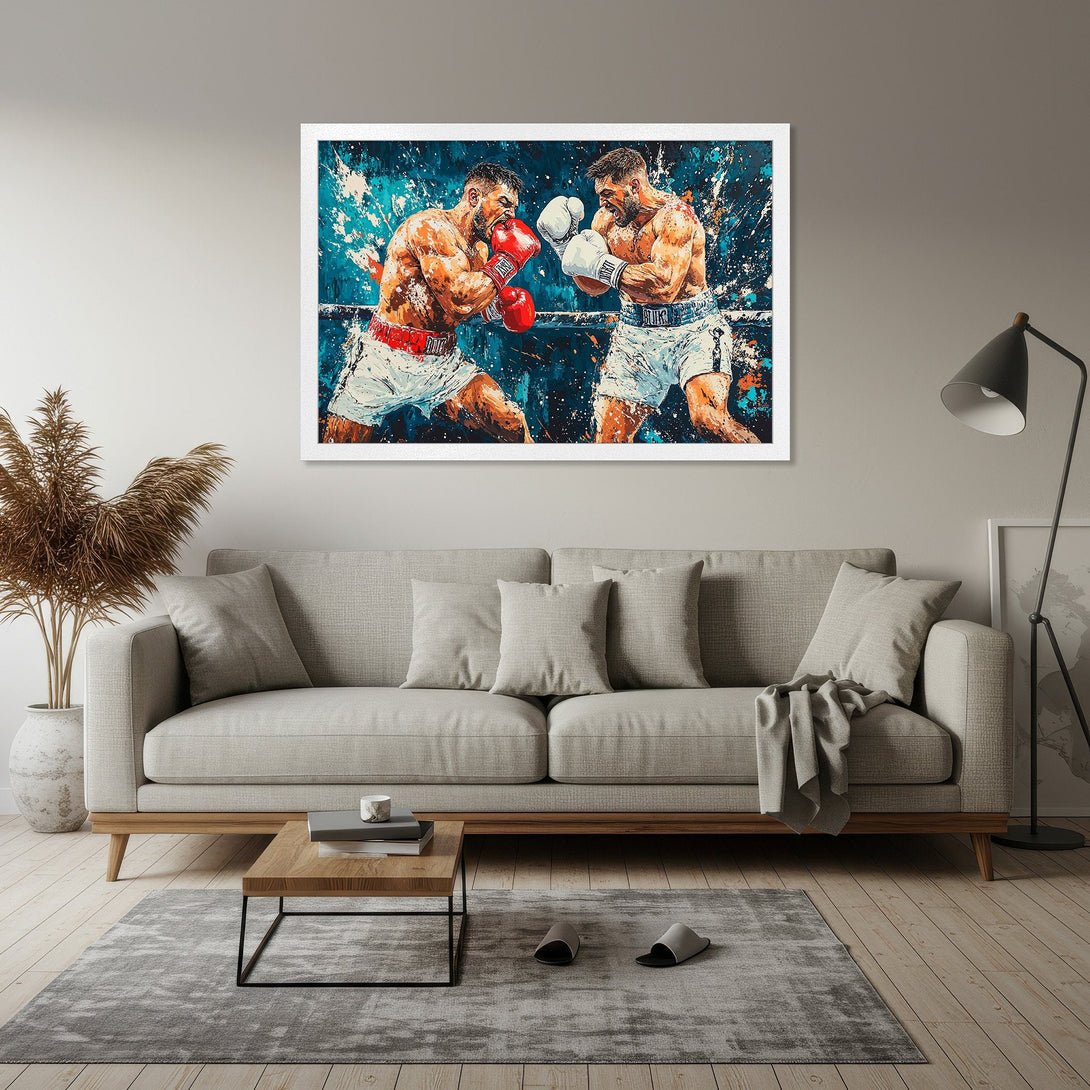 Framed Poster featuring a boxing match in a vibrant, abstract style with a blue, white, and orange color palette.