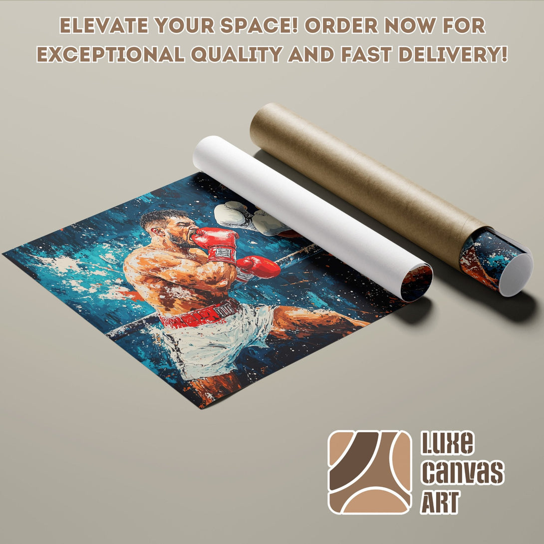 Poster Roll featuring a boxer in an abstract style with blue, orange, and white color palette. Elevate your space!