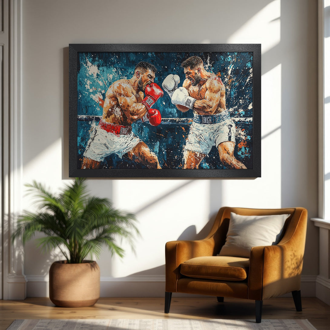 Framed Poster featuring a dynamic boxing match in an expressive, painterly style. Dominant colors: blue, white, red, and brown. Perfect wall art!