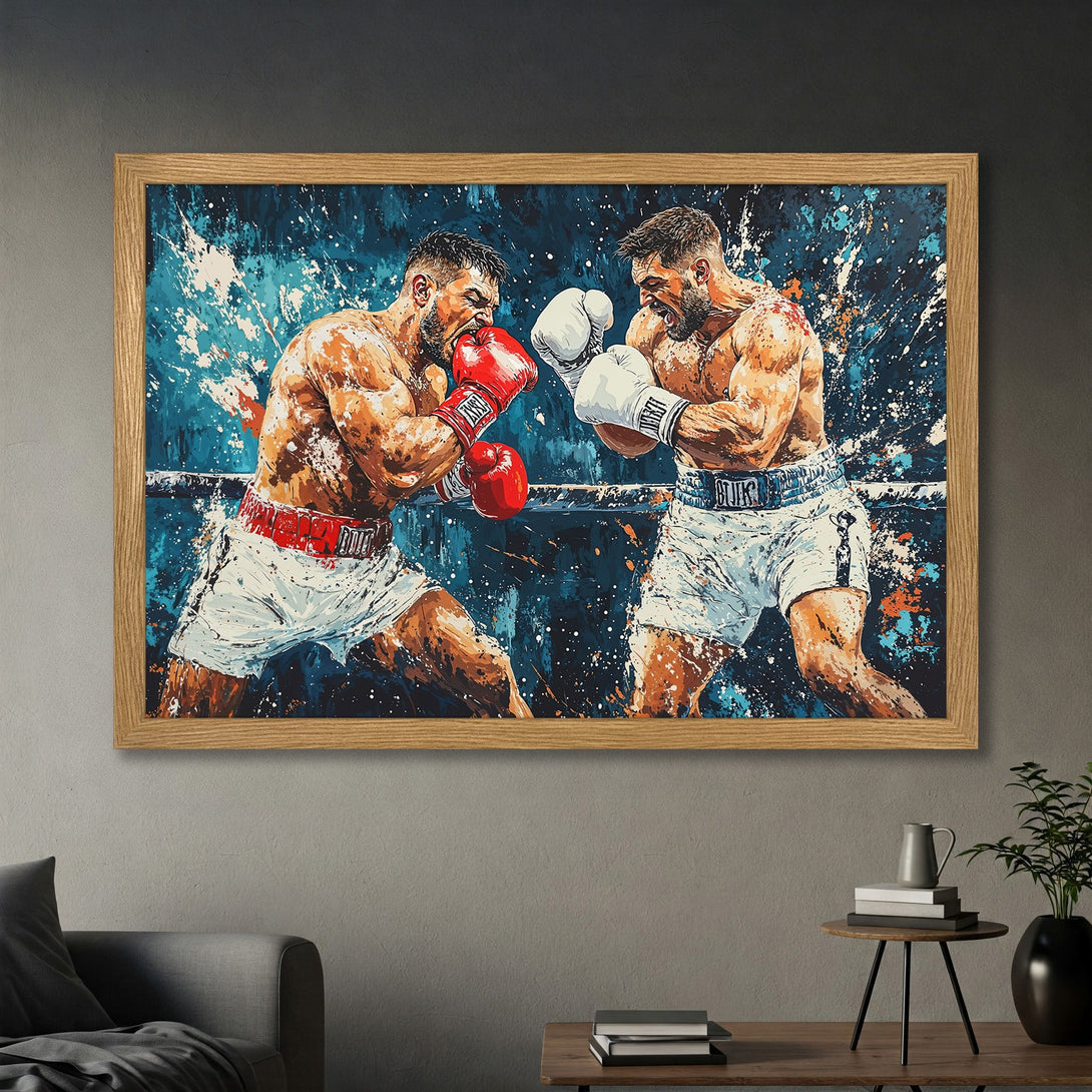 Framed Poster featuring a dynamic boxing match in a striking, abstract style. Blue, white, and orange color palette. Perfect wall art!